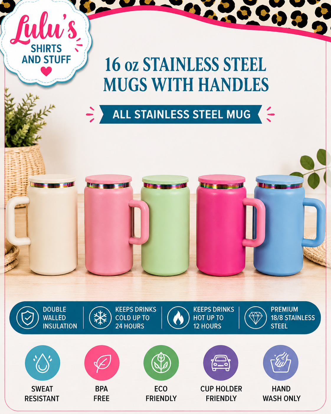 16 oz stainless steel can mug with gold ring